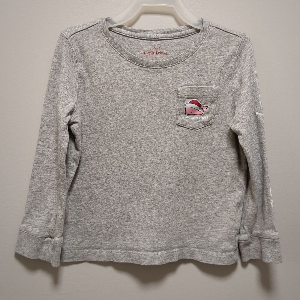 Vineyard Vines Grey Gray Cotton Long Sleeve Christmas Whale Shirt Tee - Size 3T